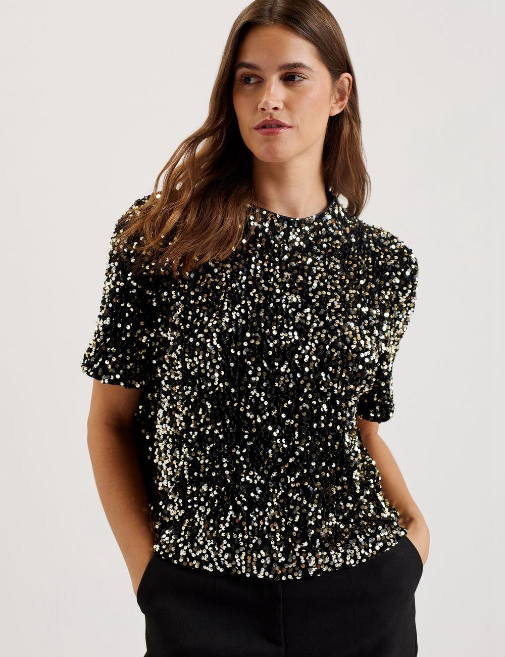 Camisas Ted Baker ZARHAAA - Sequined Velvet Short Sleeve Top Mujer Negras | AUBT-35278