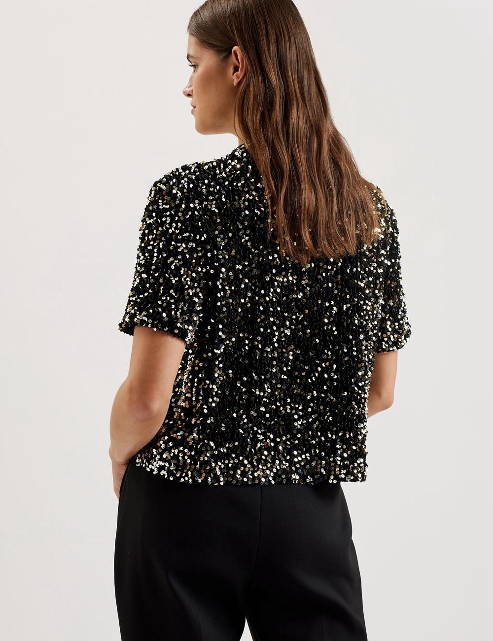 Camisas Ted Baker ZARHAAA - Sequined Velvet Short Sleeve Top Mujer Negras | AUBT-35278