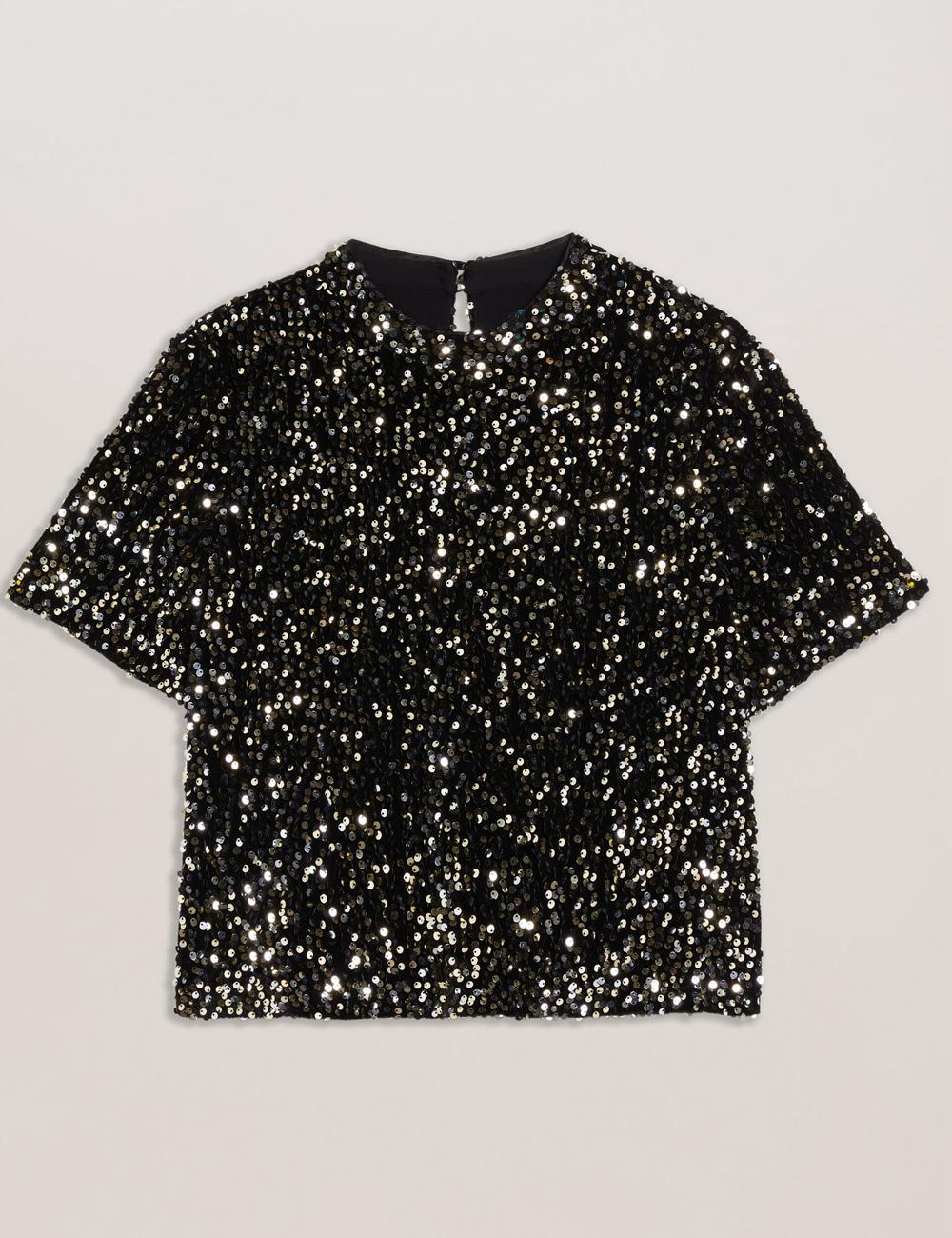 Camisas Ted Baker ZARHAAA - Sequined Velvet Short Sleeve Top Mujer Negras | AUBT-35278