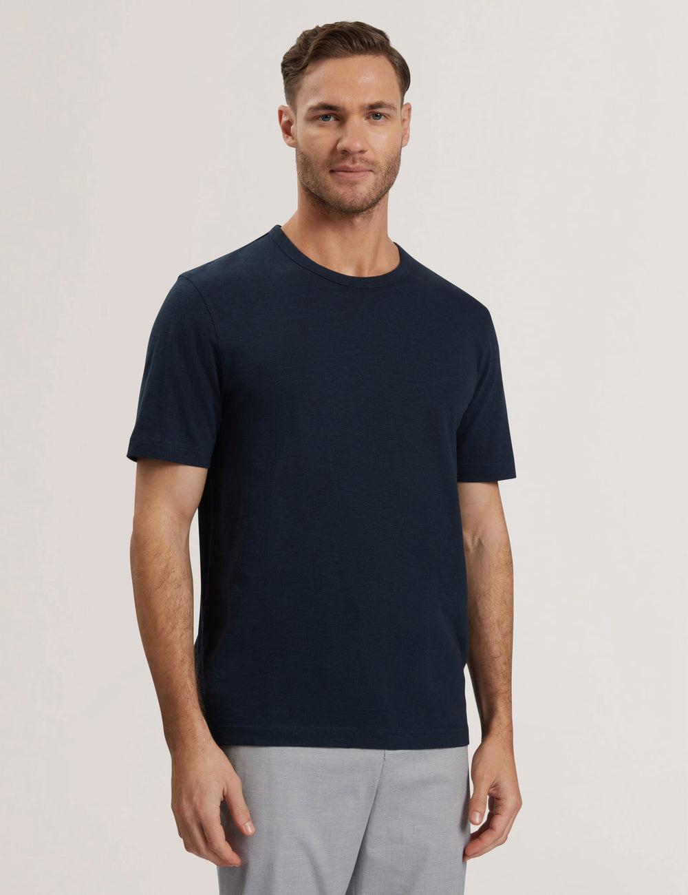 Camiseta Ted Baker BARTOL - Regular Cotton Linen Crew Neck Hombre Azul Marino | LHDR-54318