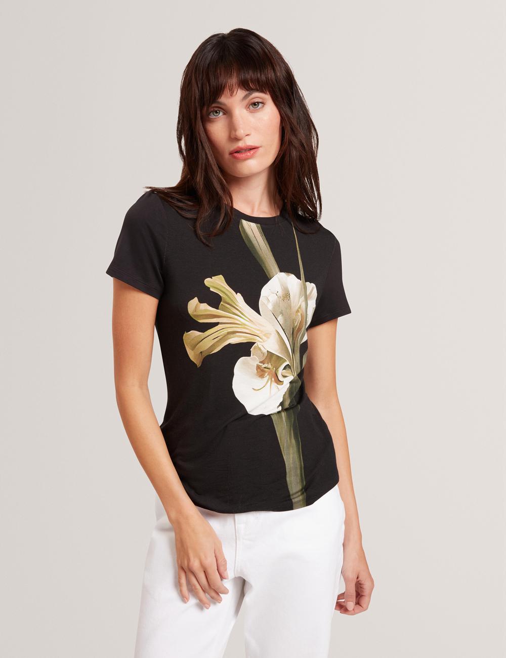 Camiseta Ted Baker GORGAA - Floral Graphic Fitted Short Sleeve Mujer Negras | ZGUQ-26187