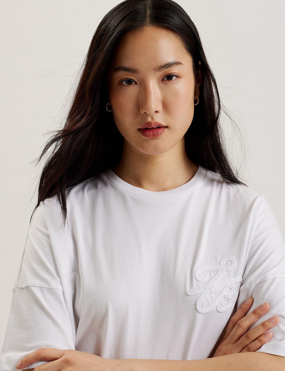 Camiseta Ted Baker MALORRY - Embroidered Logo Boxy Cotton Mujer Blancas | VSGK-63491
