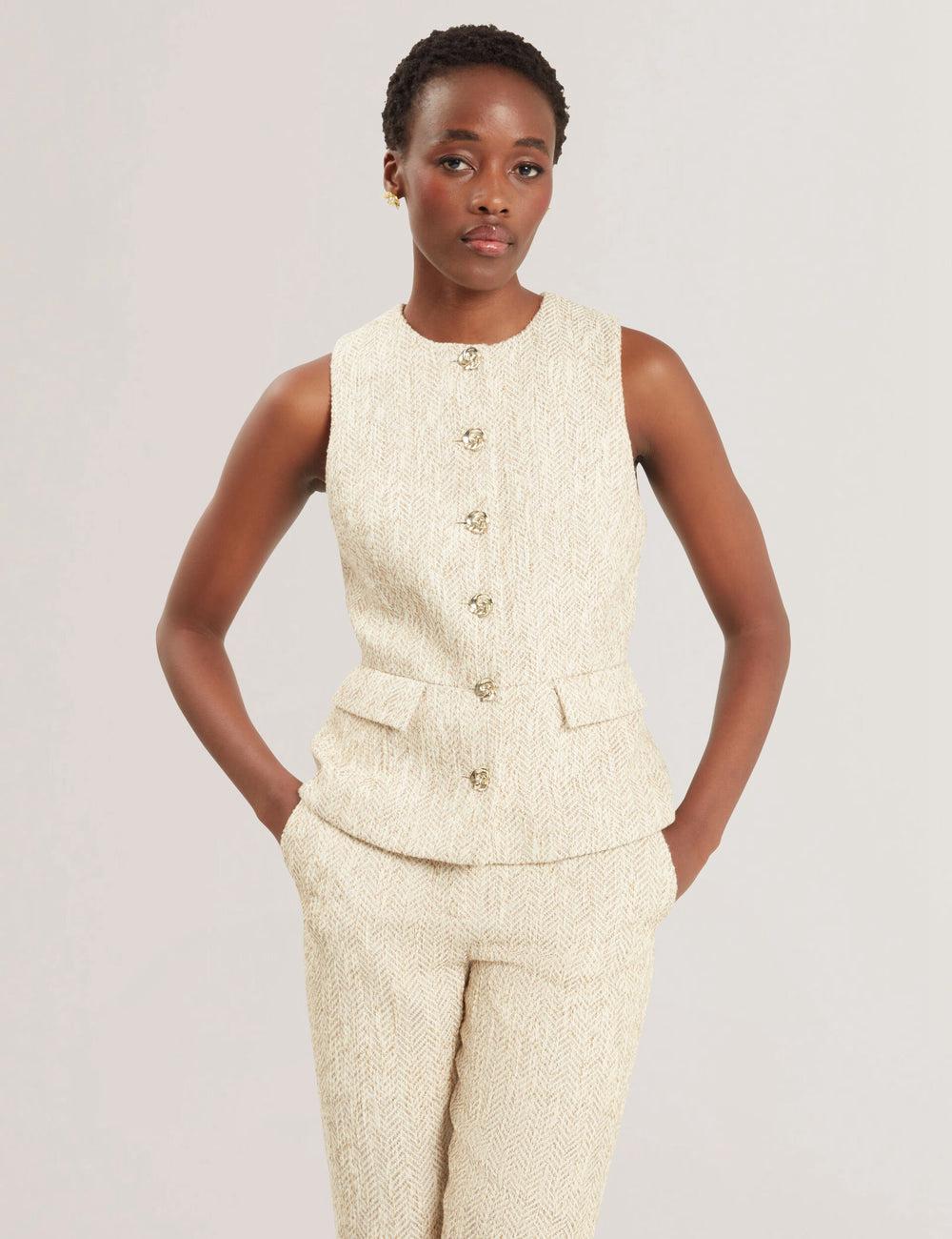 Chaleco De Traje Ted Baker VULPAW - Boucle Herringbone Fitted Mujer Ivory | XGWS-63985
