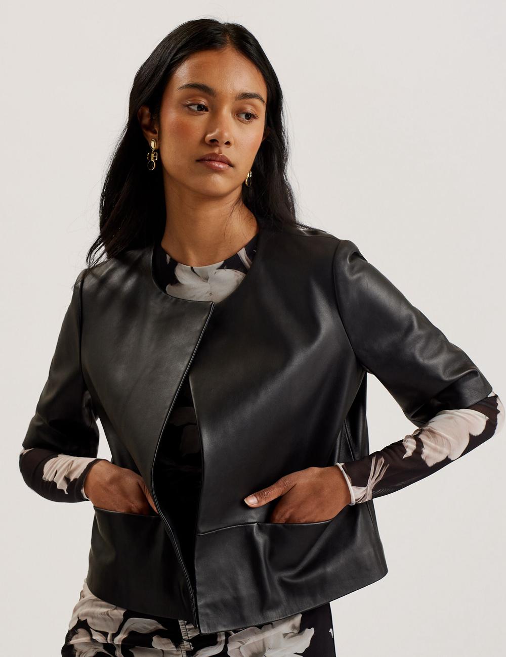 Chaquetas Ted Baker OBINO - Cropped Sleeve Open Leather Mujer Negras | GJKA-69517