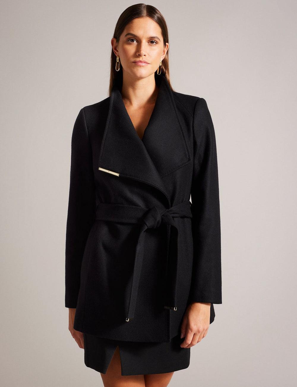 Chaquetas Ted Baker ROSESS - Short Belted Wool Wrap Coat Mujer Negras | DAZX-42863