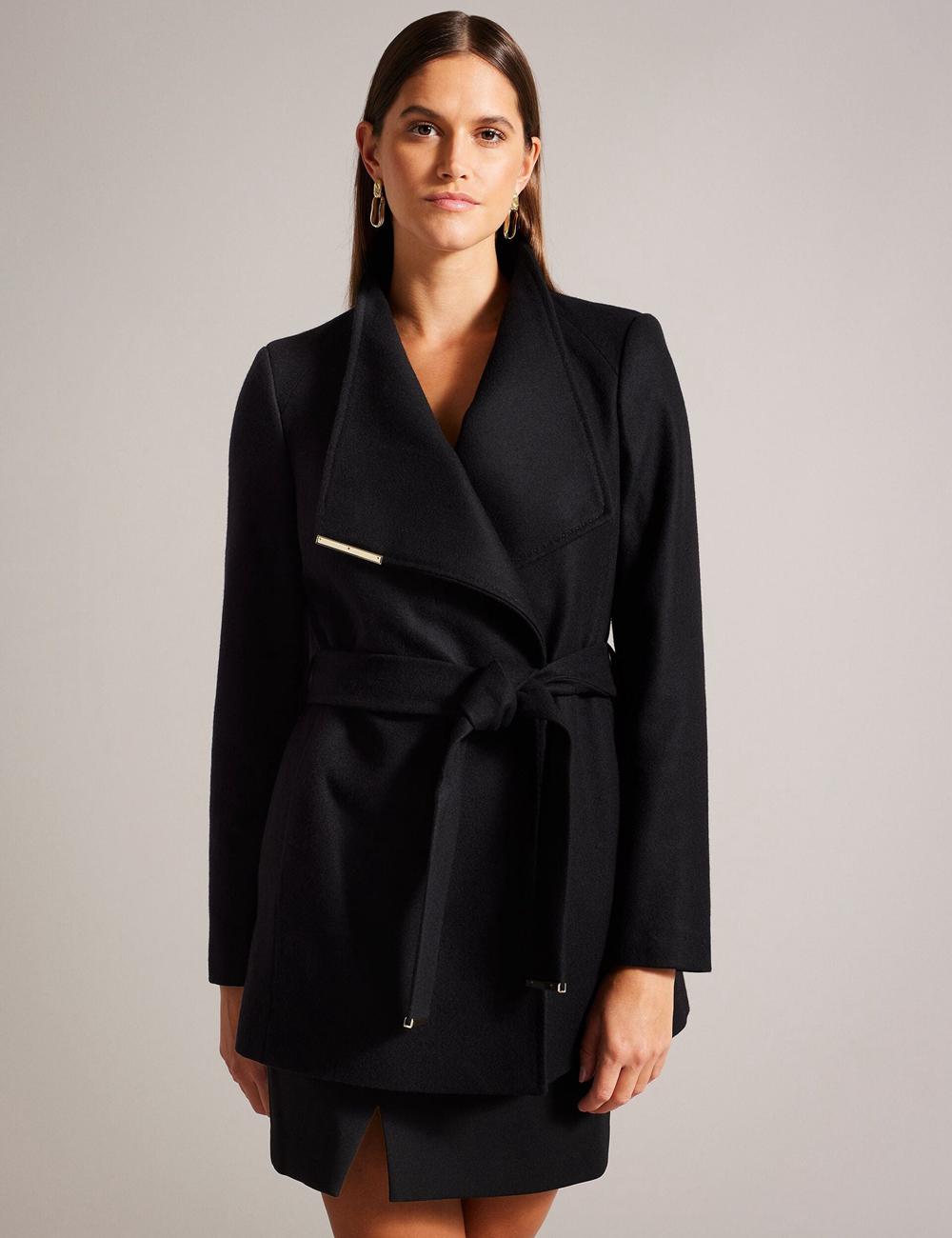 Chaquetas Ted Baker ROSESS - Short Belted Wool Wrap Coat Mujer Negras | DAZX-42863