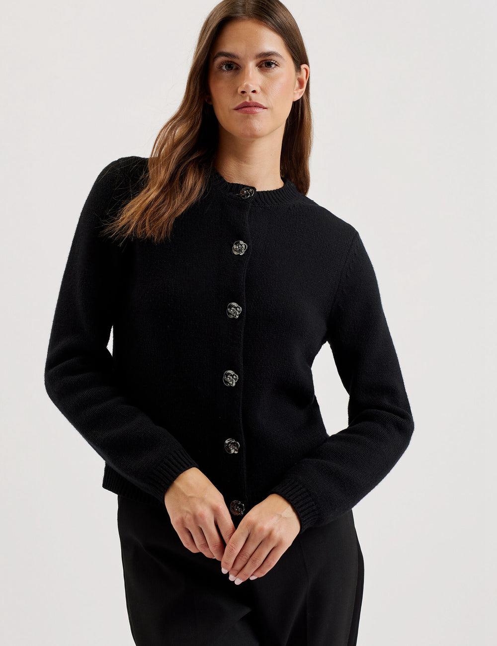 Cárdigan Ted Baker JAYCEY - Rose Button Knitted Crew Neck Mujer Negras | LQCY-95718
