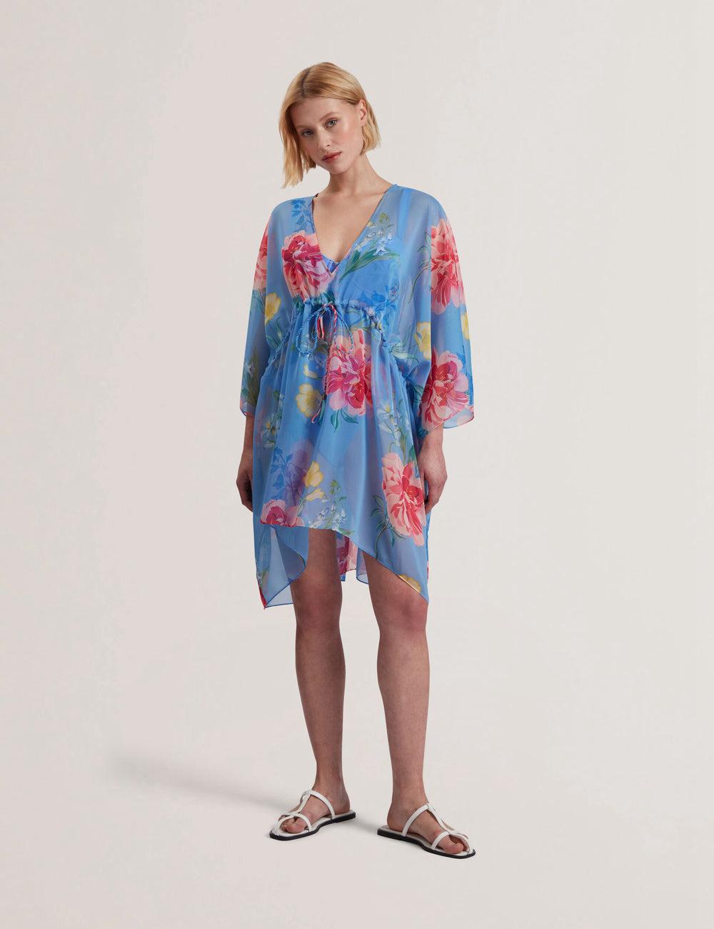Cubrirlos Ted Baker LARJA - Floral Print Chiffon Mini Beach Kaftan Mujer Azules | JBPE-53146