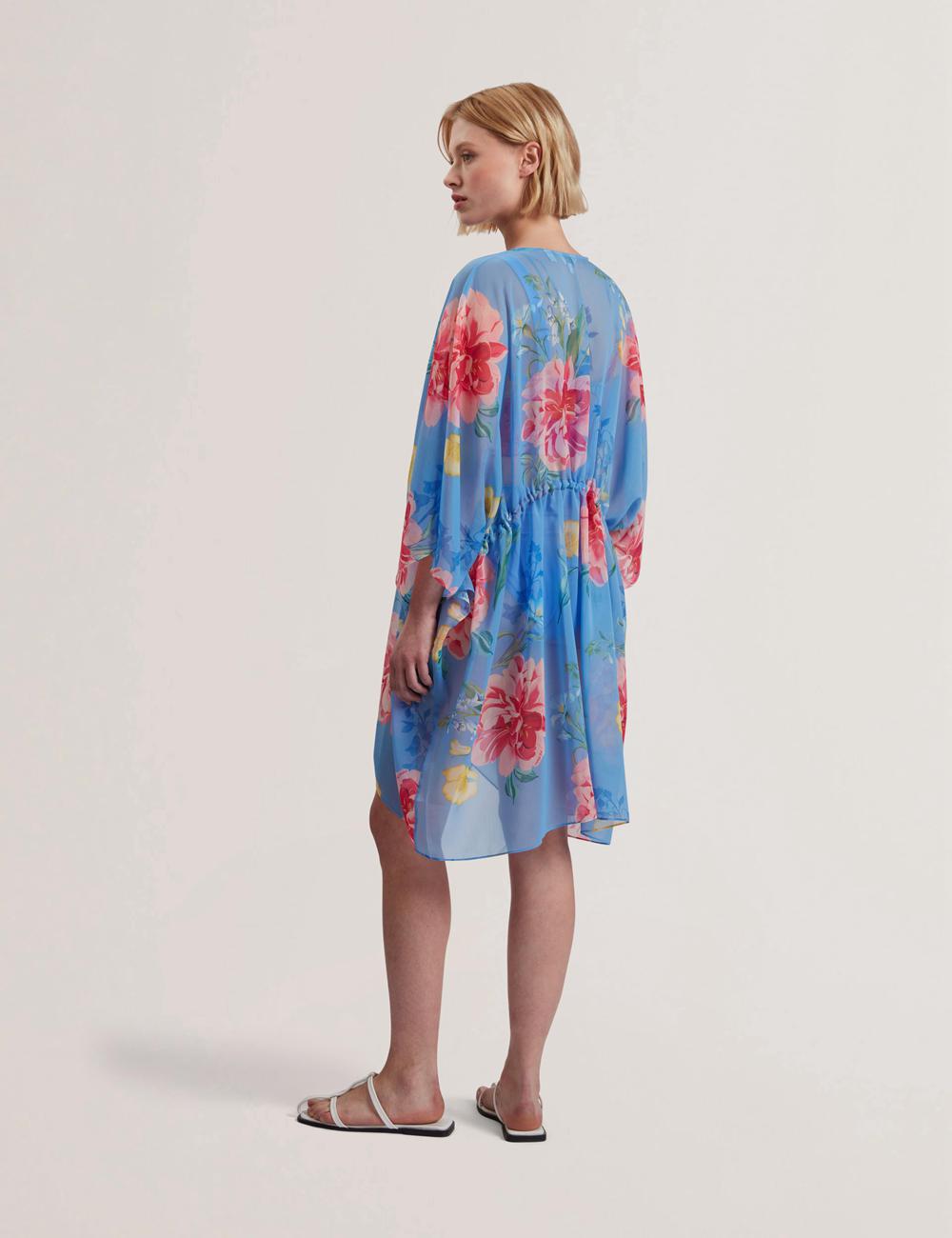 Cubrirlos Ted Baker LARJA - Floral Print Chiffon Mini Beach Kaftan Mujer Azules | JBPE-53146