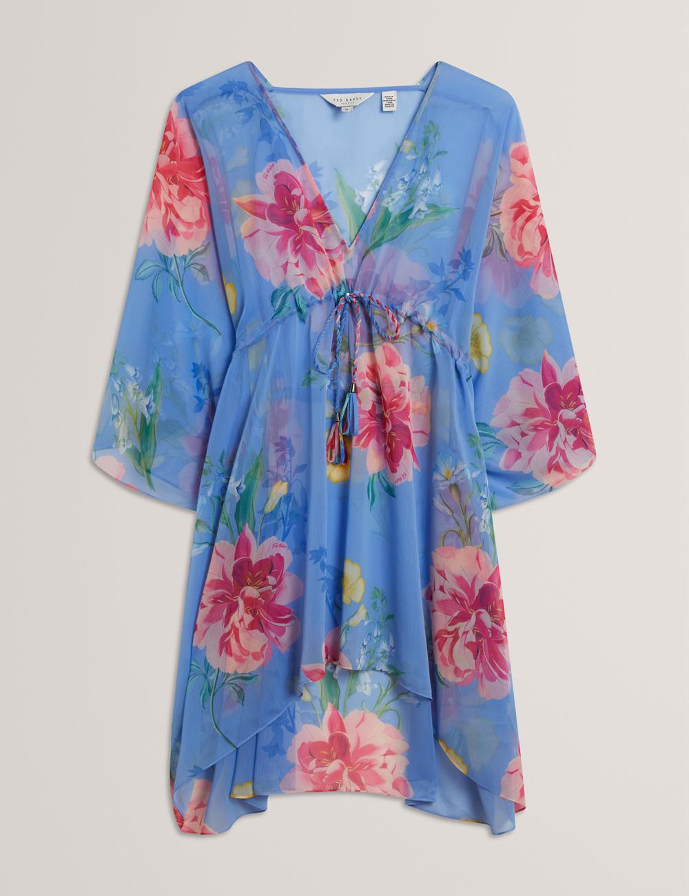 Cubrirlos Ted Baker LARJA - Floral Print Chiffon Mini Beach Kaftan Mujer Azules | JBPE-53146
