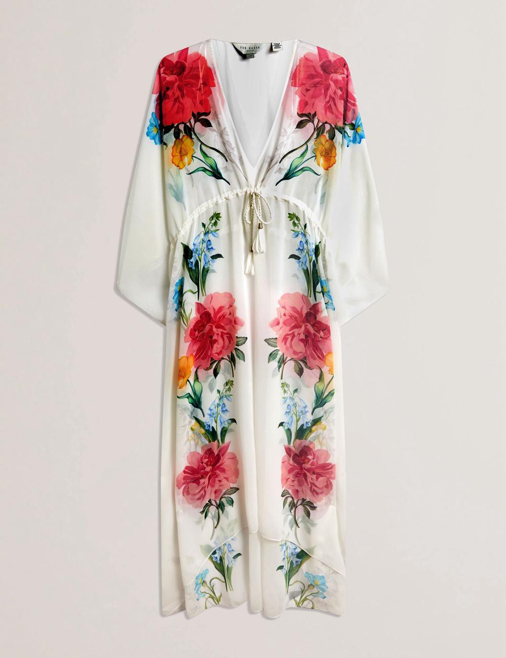 Cubrirlos Ted Baker LUUSAA - Floral V-Neck Maxi Kaftan Beach Dress Mujer Blancas | ICQP-87243