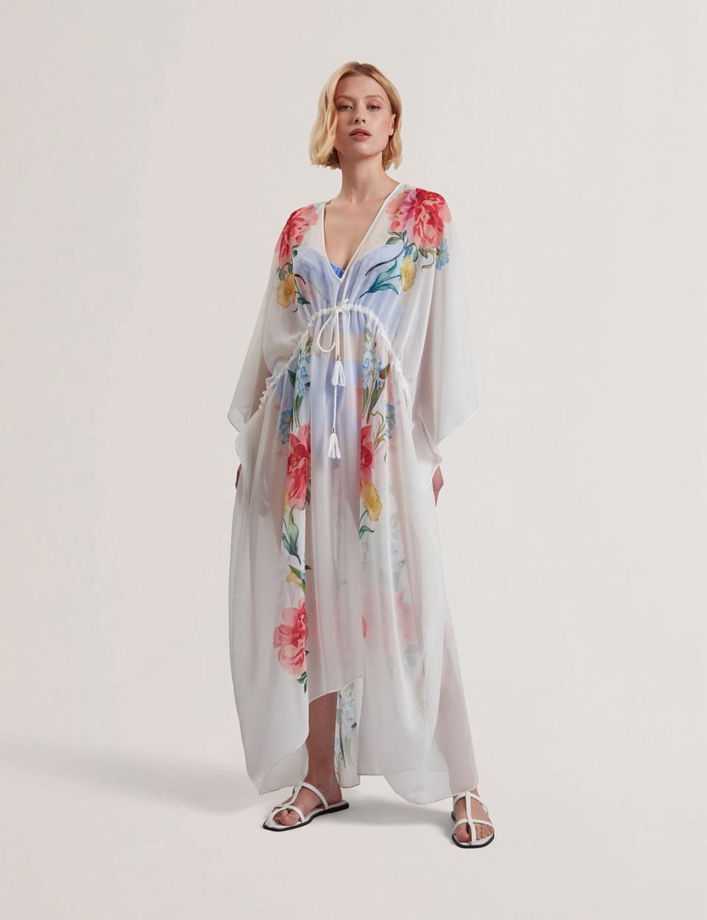 Cubrirlos Ted Baker LUUSAA - Floral V-Neck Maxi Kaftan Beach Dress Mujer Blancas | ICQP-87243