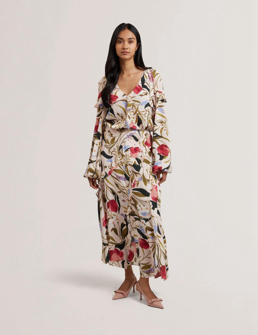 Falda Ted Baker CANDICI - Floral Print Frill Trim With Split Mujer Rosas | ZHGE-21479