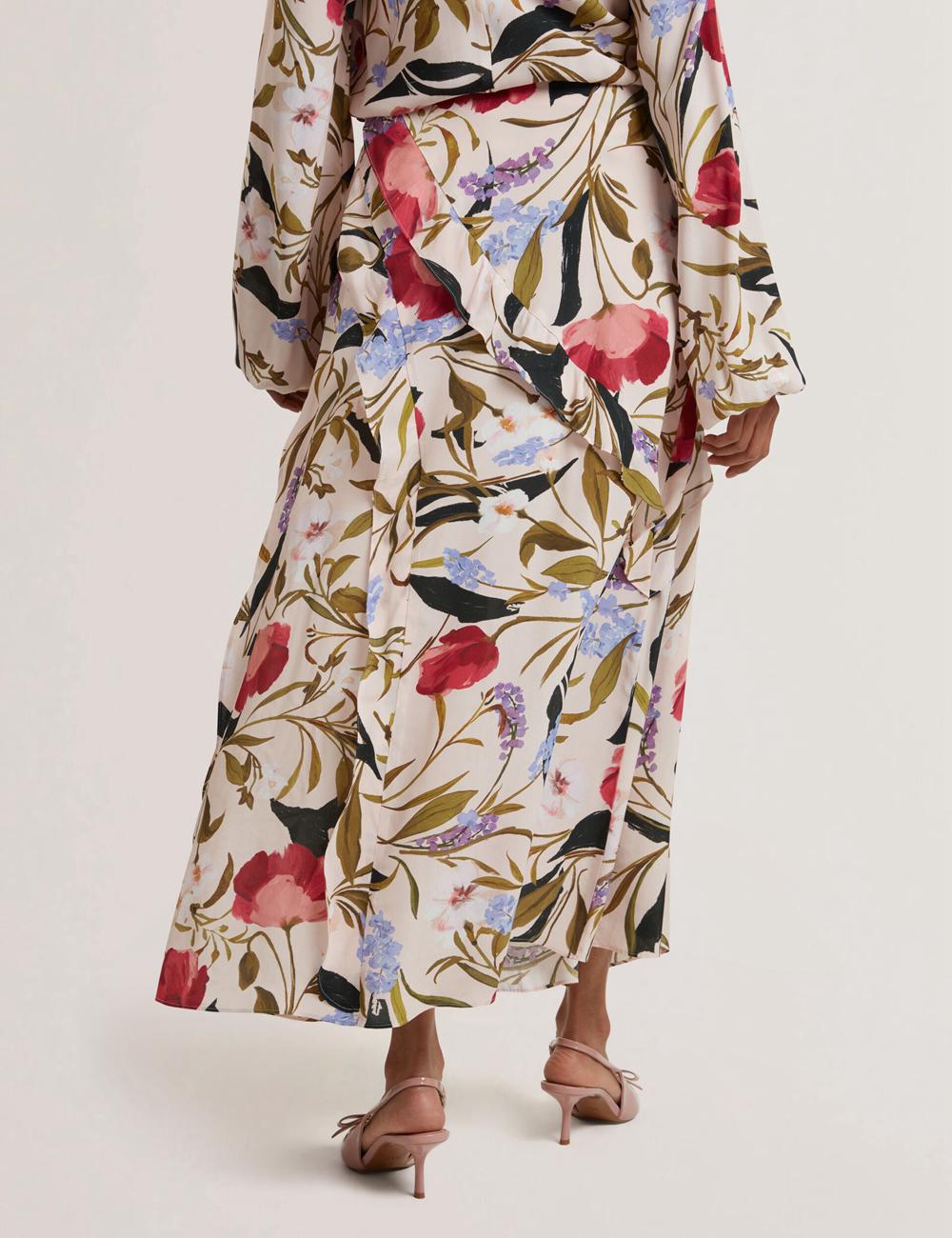 Falda Ted Baker CANDICI - Floral Print Frill Trim With Split Mujer Rosas | ZHGE-21479