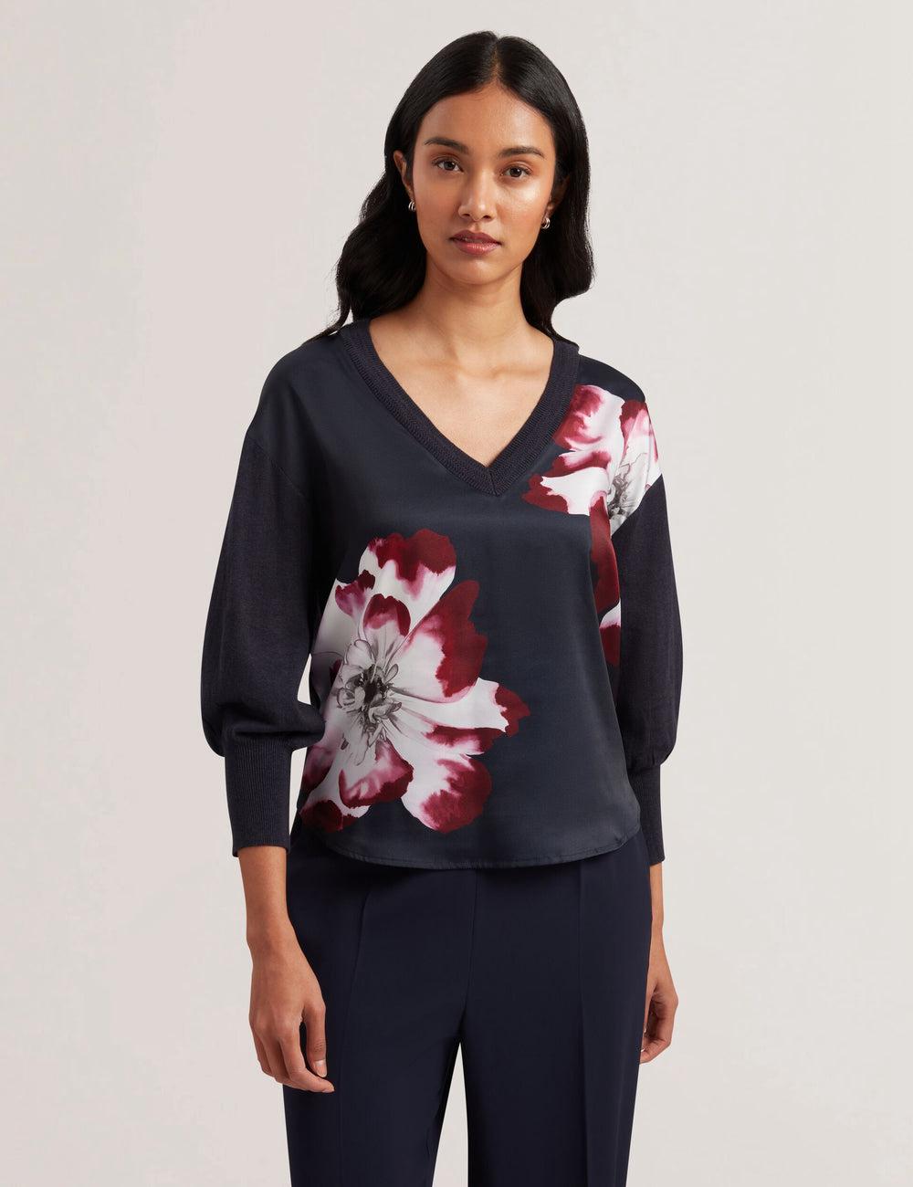 Jerséis Ted Baker CASEYJ - Printed Woven Front V-Neck Mujer Azul Marino | LERJ-37496