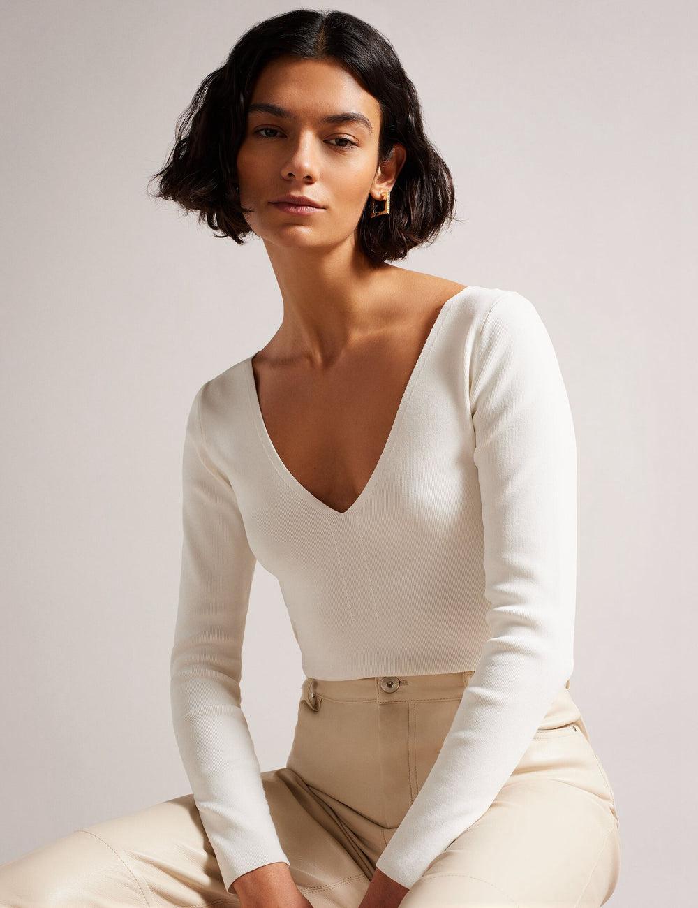 Jerséis Ted Baker CILESTE - Fitted V-Neck Long Sleeve Knit Top Mujer Ivory | PGSD-25860
