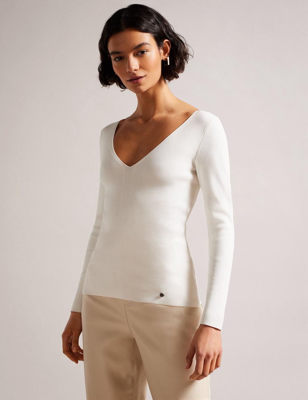 Jerséis Ted Baker CILESTE - Fitted V-Neck Long Sleeve Knit Top Mujer Ivory | PGSD-25860