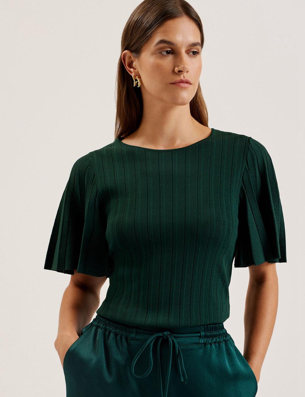 Jerséis Ted Baker IIVANNA - Ribbed Knit Top With Fluted Short Sleeves Mujer Verde | PZWL-23671