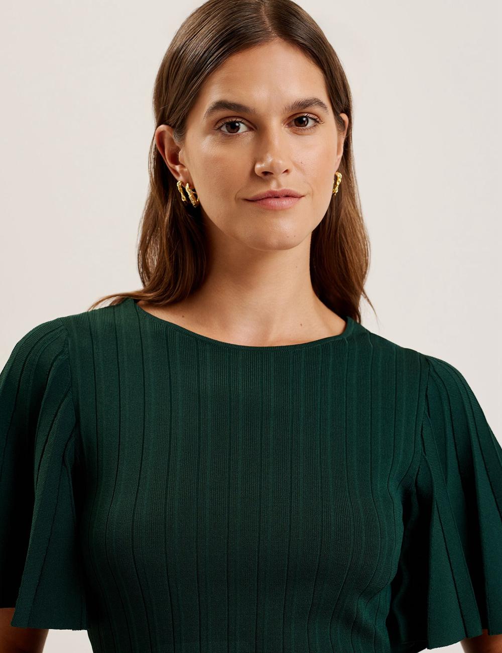 Jerséis Ted Baker IIVANNA - Ribbed Knit Top With Fluted Short Sleeves Mujer Verde | PZWL-23671