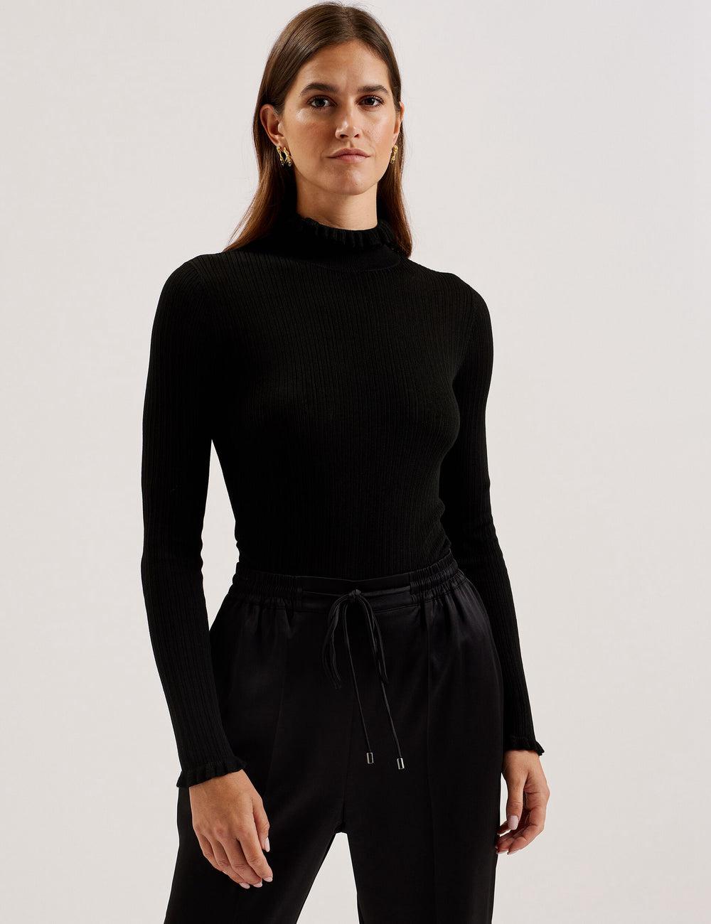 Jerséis Ted Baker JANITTT - Ruffle Trim High Neck Ribbed Mujer Negras | RSNI-57843