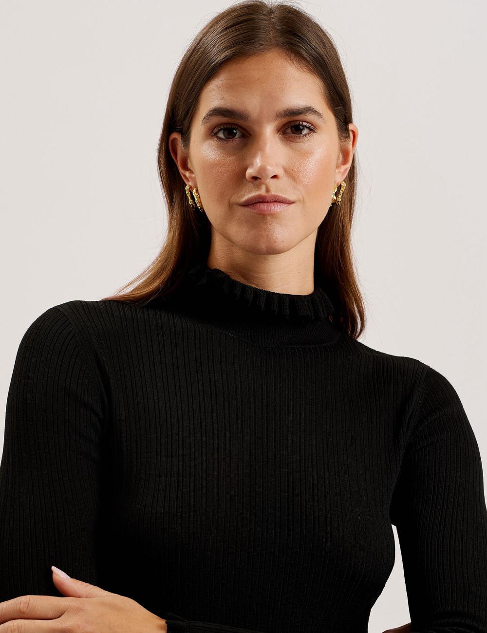 Jerséis Ted Baker JANITTT - Ruffle Trim High Neck Ribbed Mujer Negras | RSNI-57843