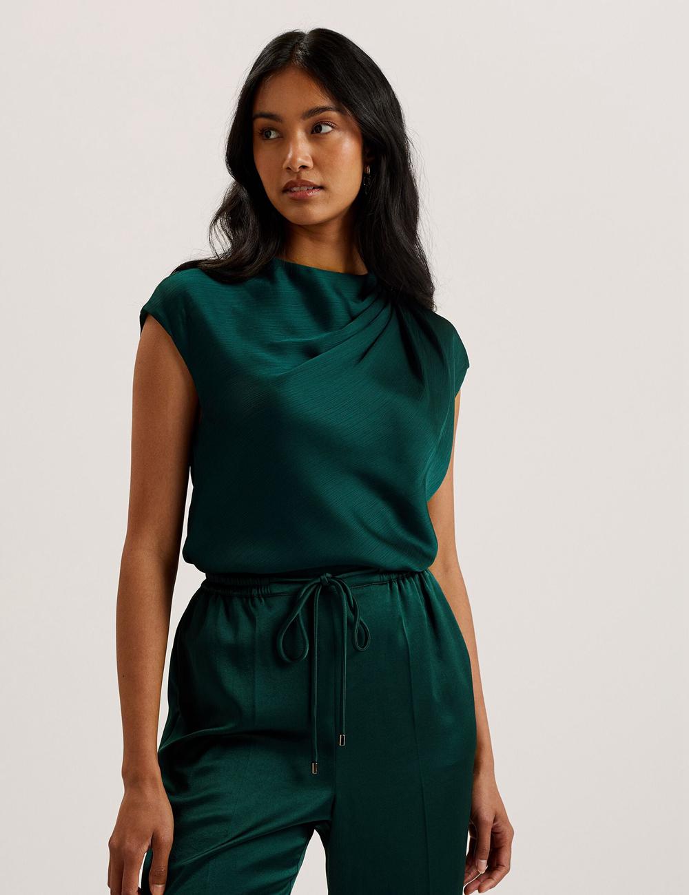 Jerséis Ted Baker MISRINA - Drape Neck Detail Satin Top Mujer Verde | POGJ-42175