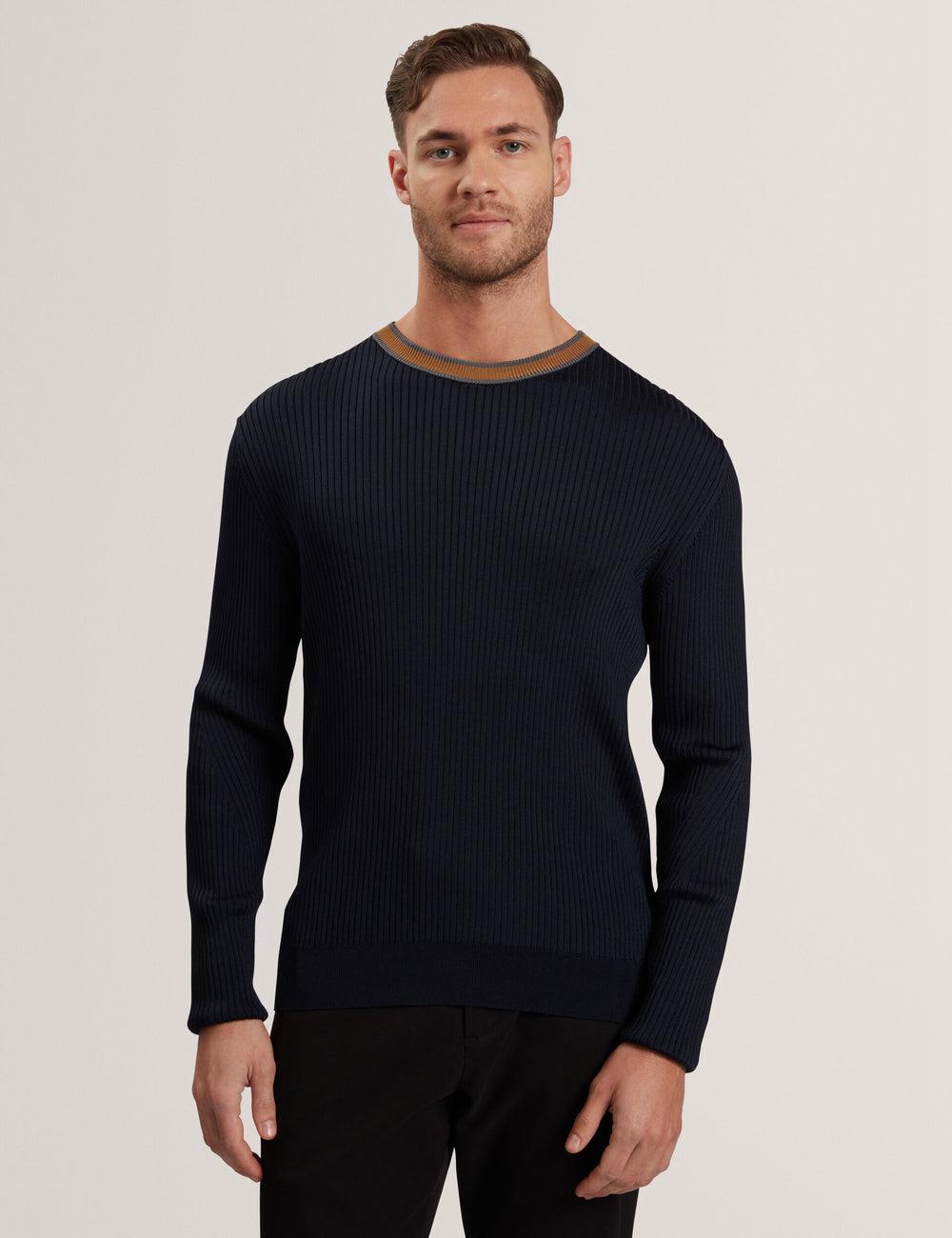 Jerséis Ted Baker NAYOR - Long Sleeve Rayon Ribbed Crew Neck Hombre Azul Marino | OGYM-61829