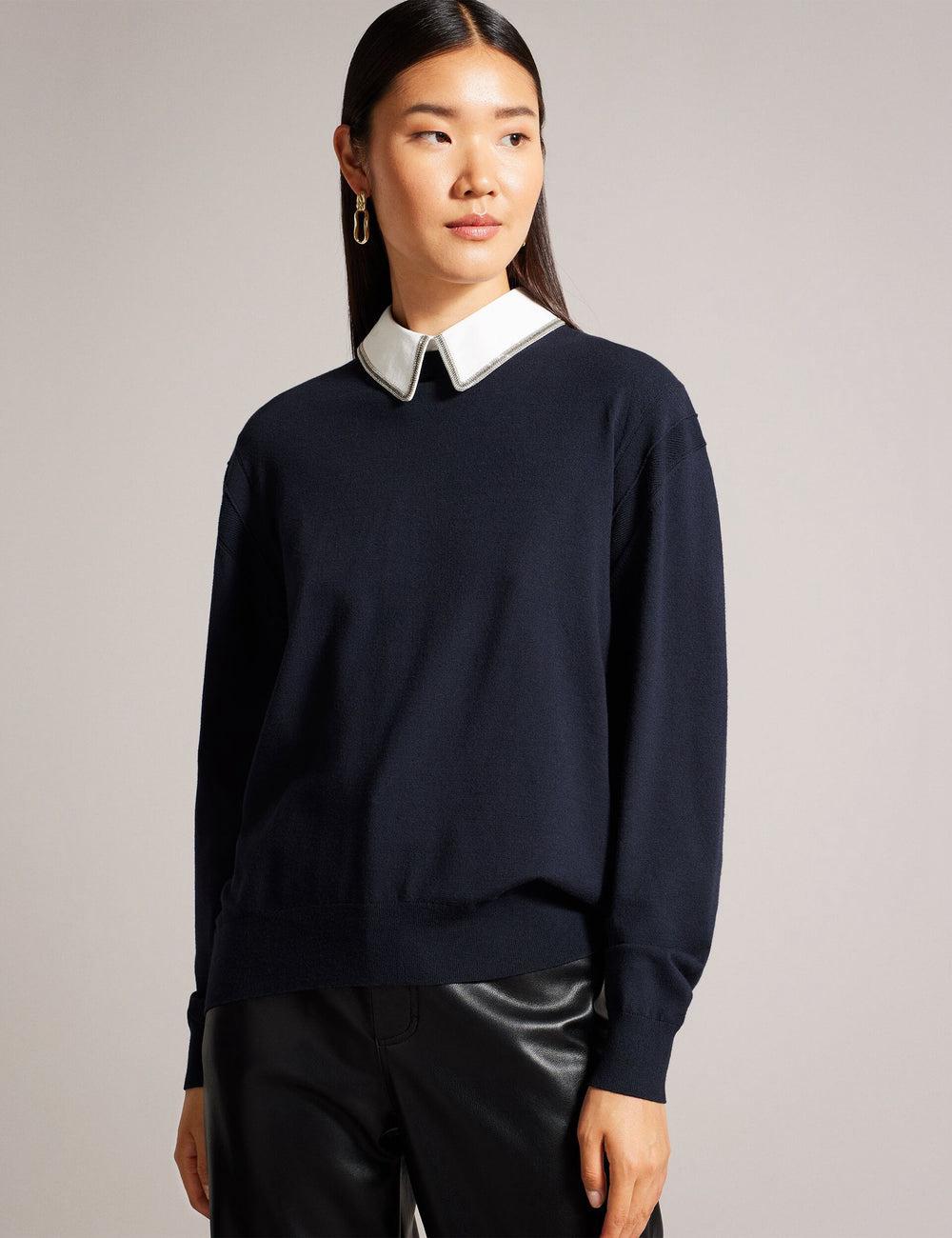 Jerséis Ted Baker PENNII - Mockable With Embellished Shirt Collar Mujer Azul Marino | AVRU-16402