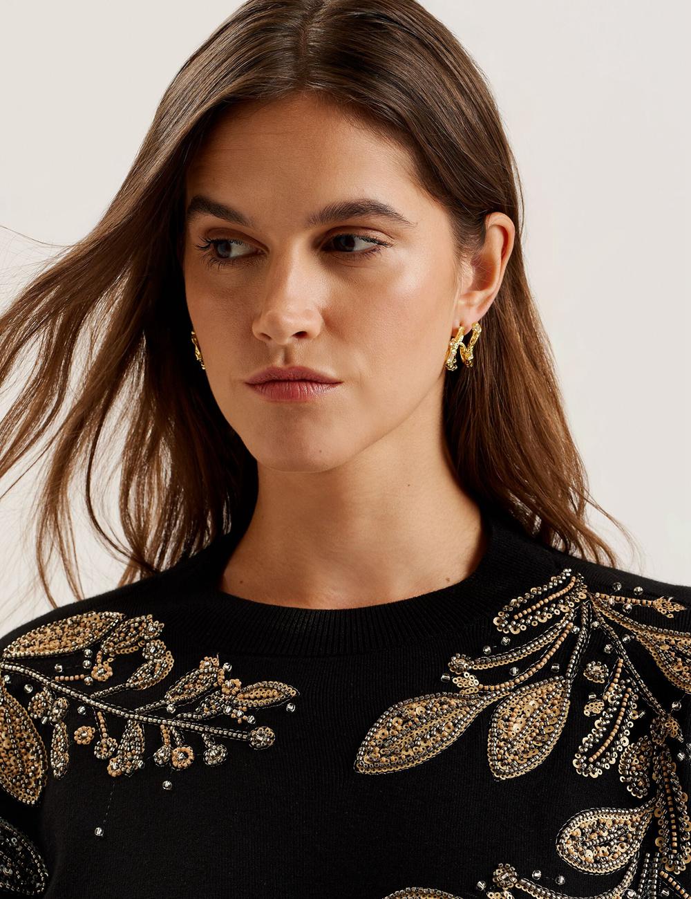 Jerséis Ted Baker ROSMRRY - Embellished Floral Detail Knitted Mujer Negras | IRAG-39021