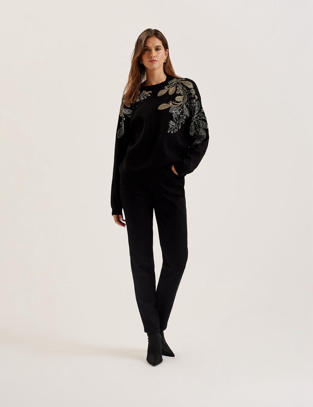 Jerséis Ted Baker ROSMRRY - Embellished Floral Detail Knitted Mujer Negras | IRAG-39021