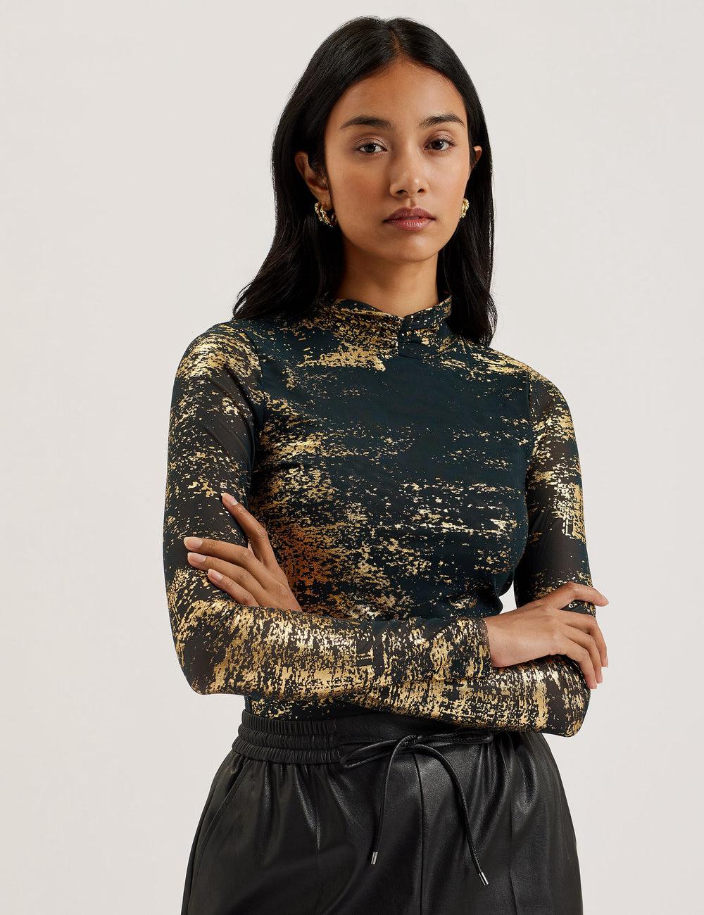 Jerséis Ted Baker SOFIY - Foil Print High Neck Mesh Top Mujer Verde | JTNM-37048