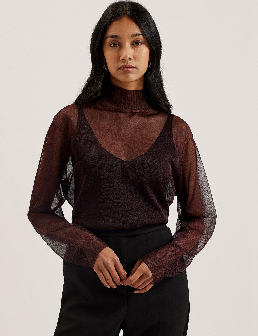 Jerséis Ted Baker TAYLAW - Shimmer Sheer Knit Funnel Neck Top Mujer Rojas | GPWK-12768