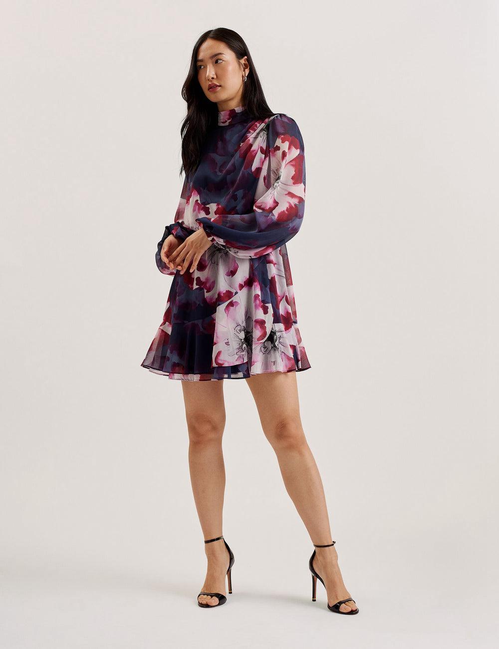 Mini Vestido Ted Baker ARACELY - Floral High Neck Long Sleeve Mujer Azul Marino | NWCE-45398