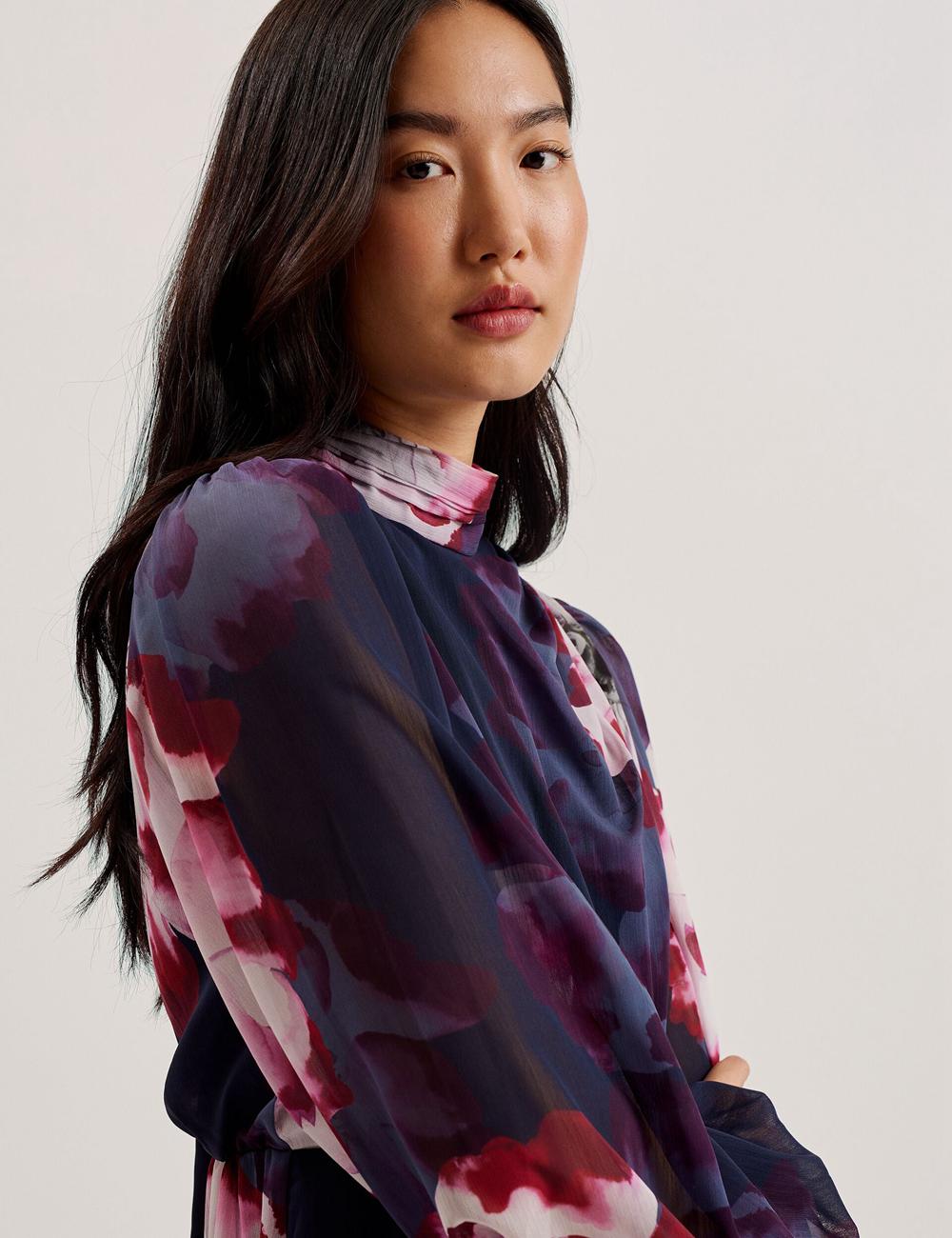 Mini Vestido Ted Baker ARACELY - Floral High Neck Long Sleeve Mujer Azul Marino | NWCE-45398