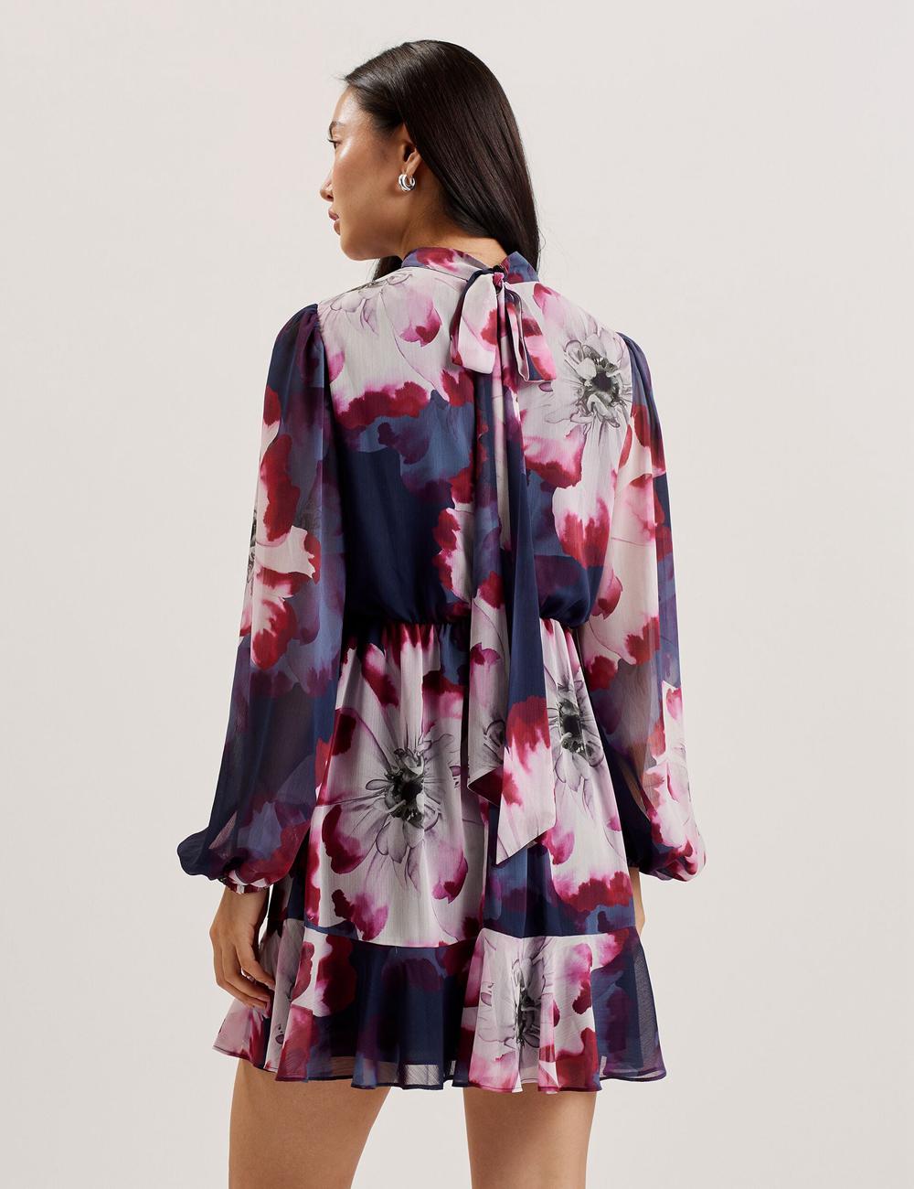 Mini Vestido Ted Baker ARACELY - Floral High Neck Long Sleeve Mujer Azul Marino | NWCE-45398