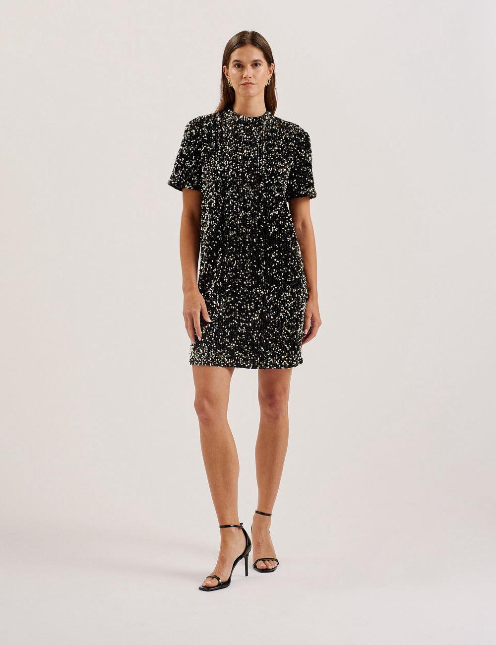 Mini Vestido Ted Baker AUDRIYY - Sequin Embellished Velvet Shift Mujer Negras | TNJY-19342