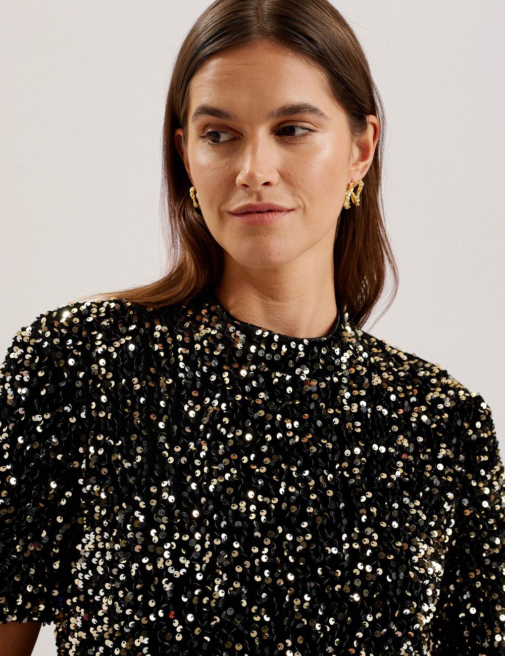 Mini Vestido Ted Baker AUDRIYY - Sequin Embellished Velvet Shift Mujer Negras | TNJY-19342