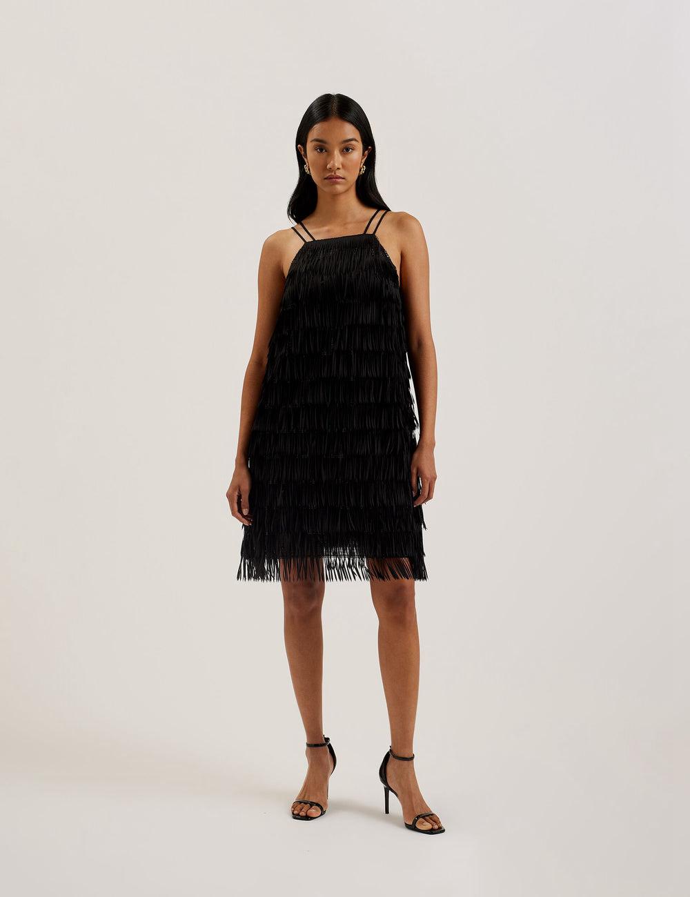 Mini Vestido Ted Baker BARTIN - Fringed Sequin Halter Strap Mujer Negras | HWTY-46532