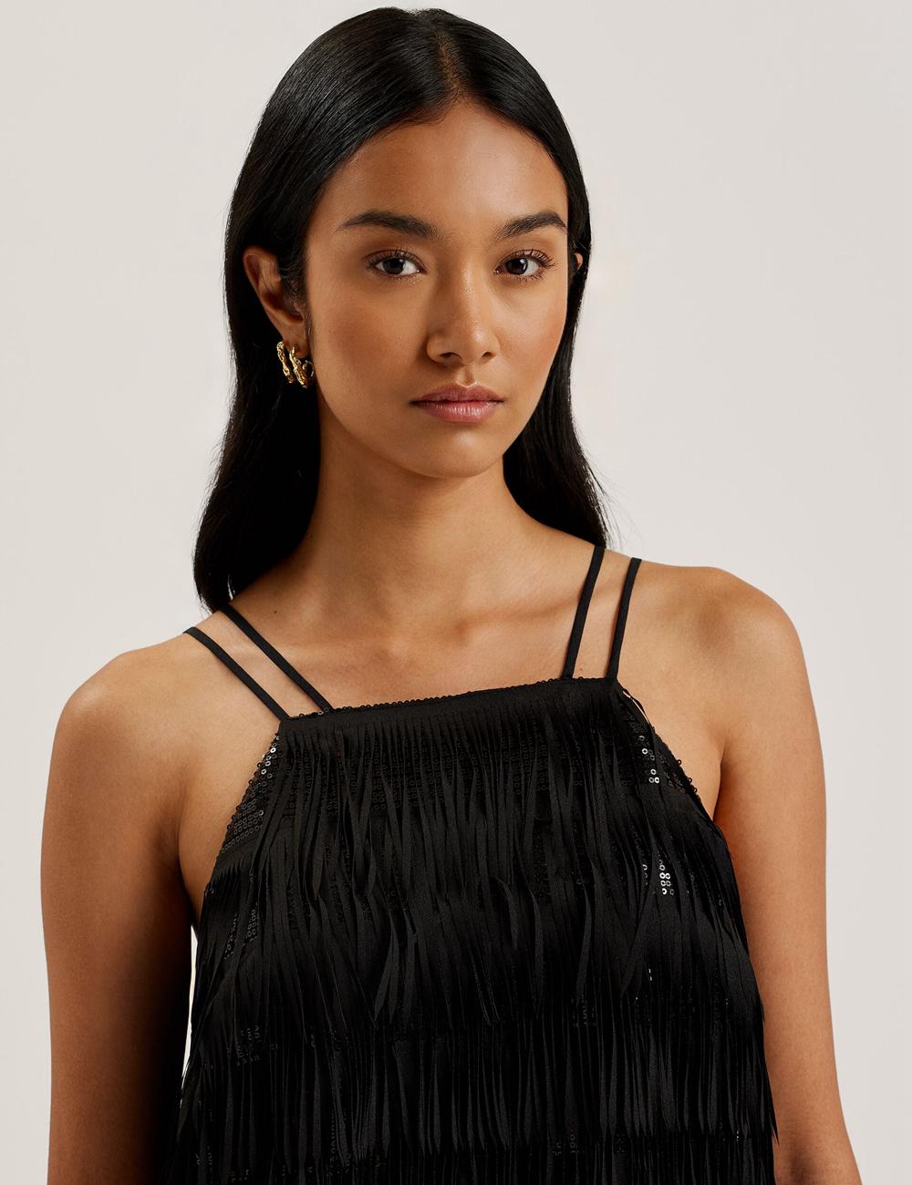 Mini Vestido Ted Baker BARTIN - Fringed Sequin Halter Strap Mujer Negras | HWTY-46532