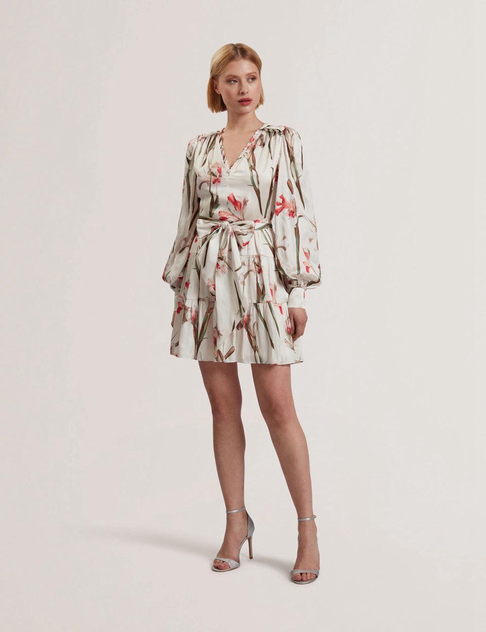 Mini Vestido Ted Baker CUIABA - Floral V-Neck Waist Mujer Ivory | ZYQC-64705