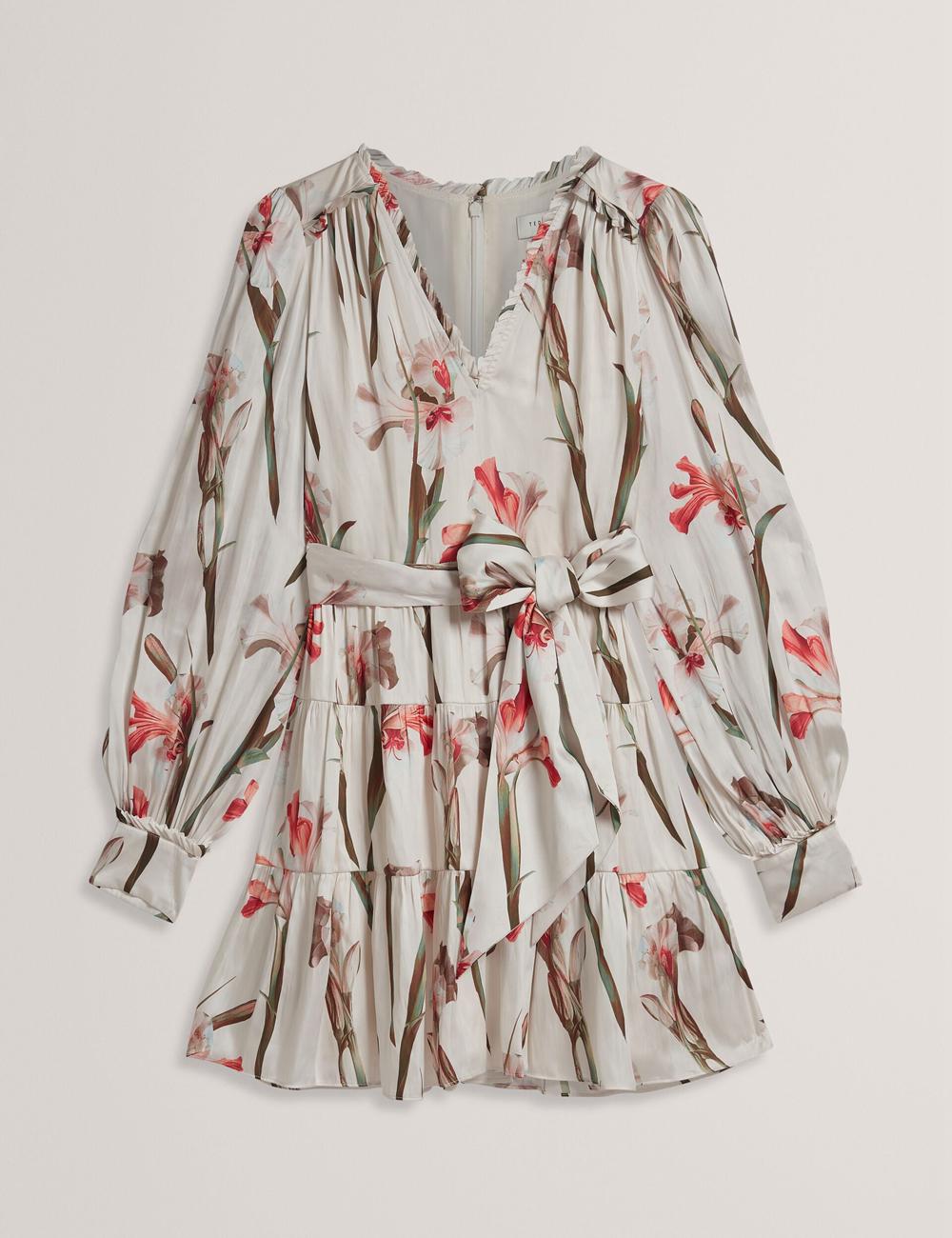 Mini Vestido Ted Baker CUIABA - Floral V-Neck Waist Mujer Ivory | ZYQC-64705