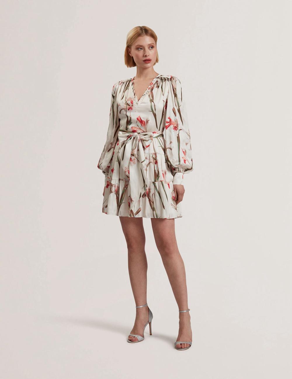 Mini Vestido Ted Baker CUIABA - Floral V-Neck Waist Mujer Ivory | ZYQC-64705