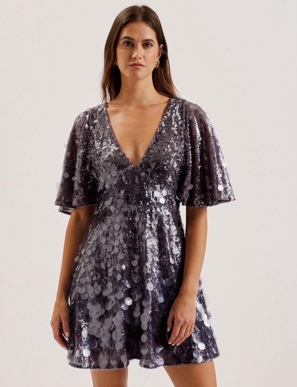 Mini Vestido Ted Baker ELISONA - Sequin V-Neck Cape Sleeve Mujer Gris | PCEJ-14503