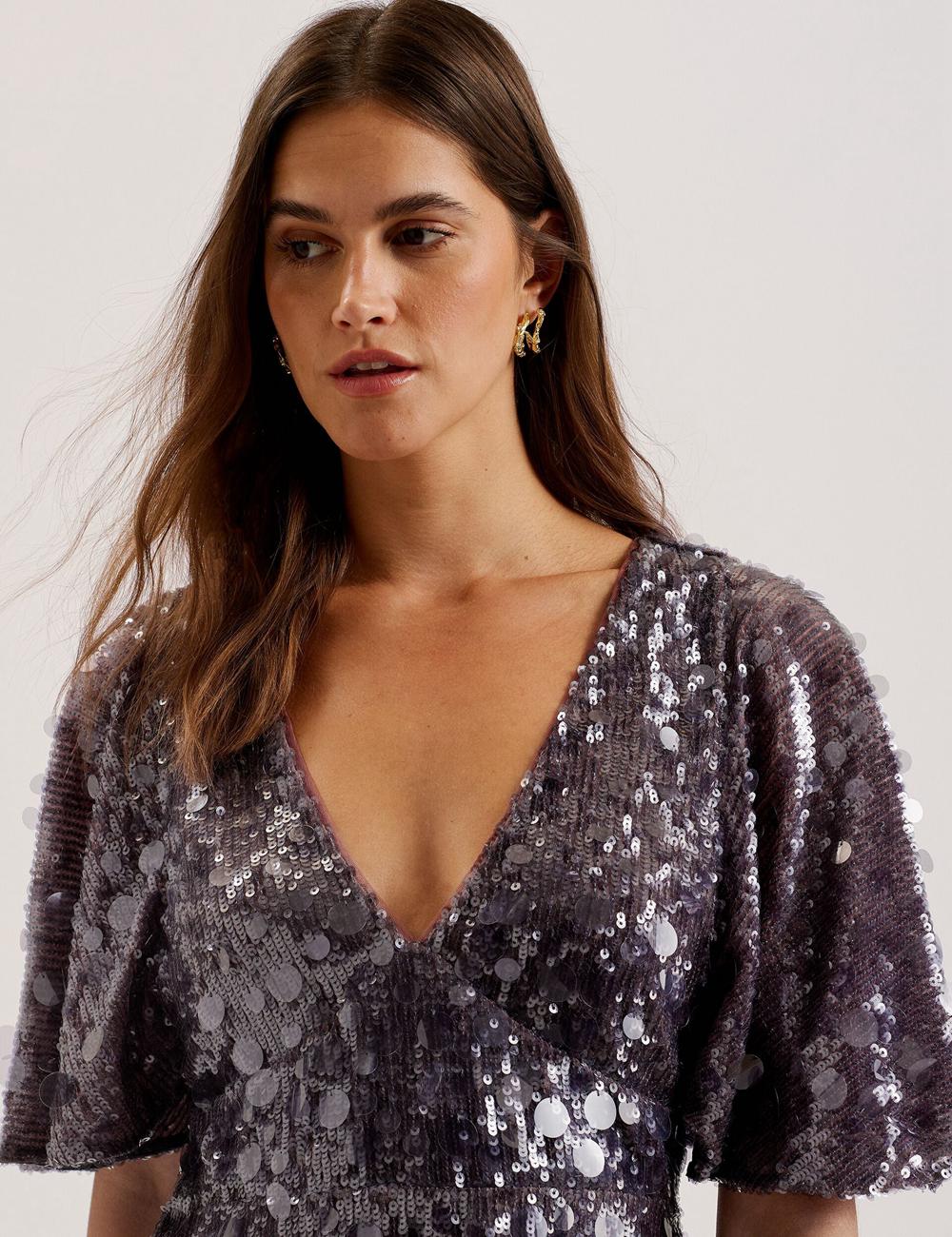 Mini Vestido Ted Baker ELISONA - Sequin V-Neck Cape Sleeve Mujer Gris | PCEJ-14503