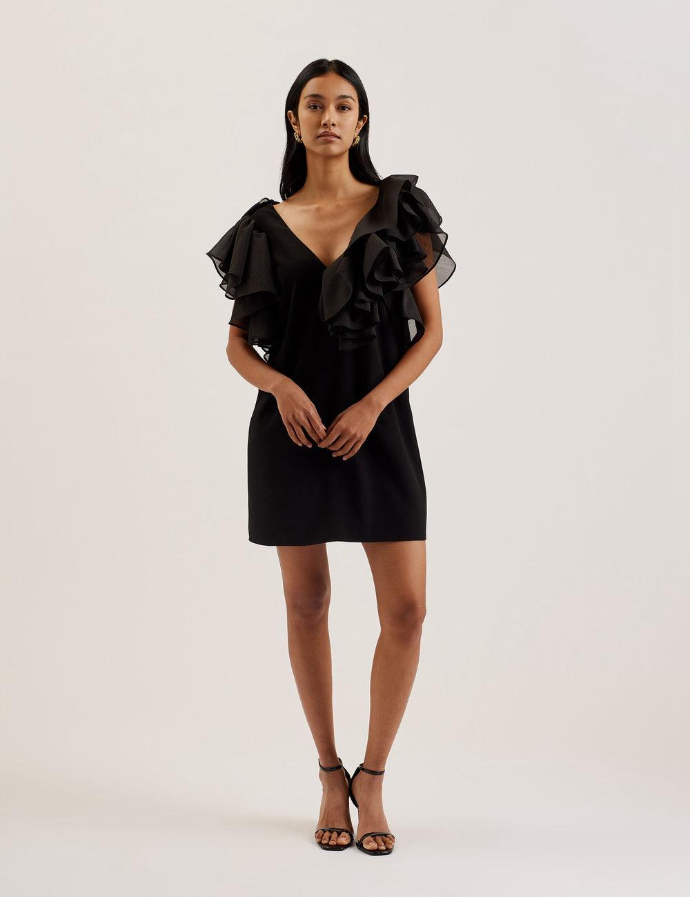 Mini Vestido Ted Baker ELQUI - Oversized Ruffle Trim V-Neck Mujer Negras | EMZA-37652