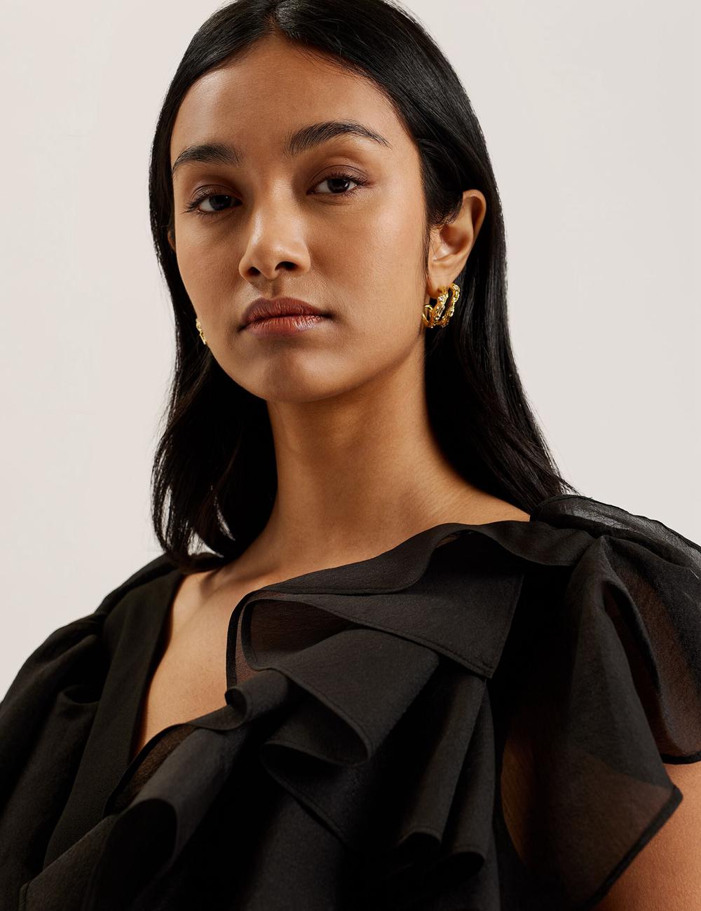 Mini Vestido Ted Baker ELQUI - Oversized Ruffle Trim V-Neck Mujer Negras | EMZA-37652