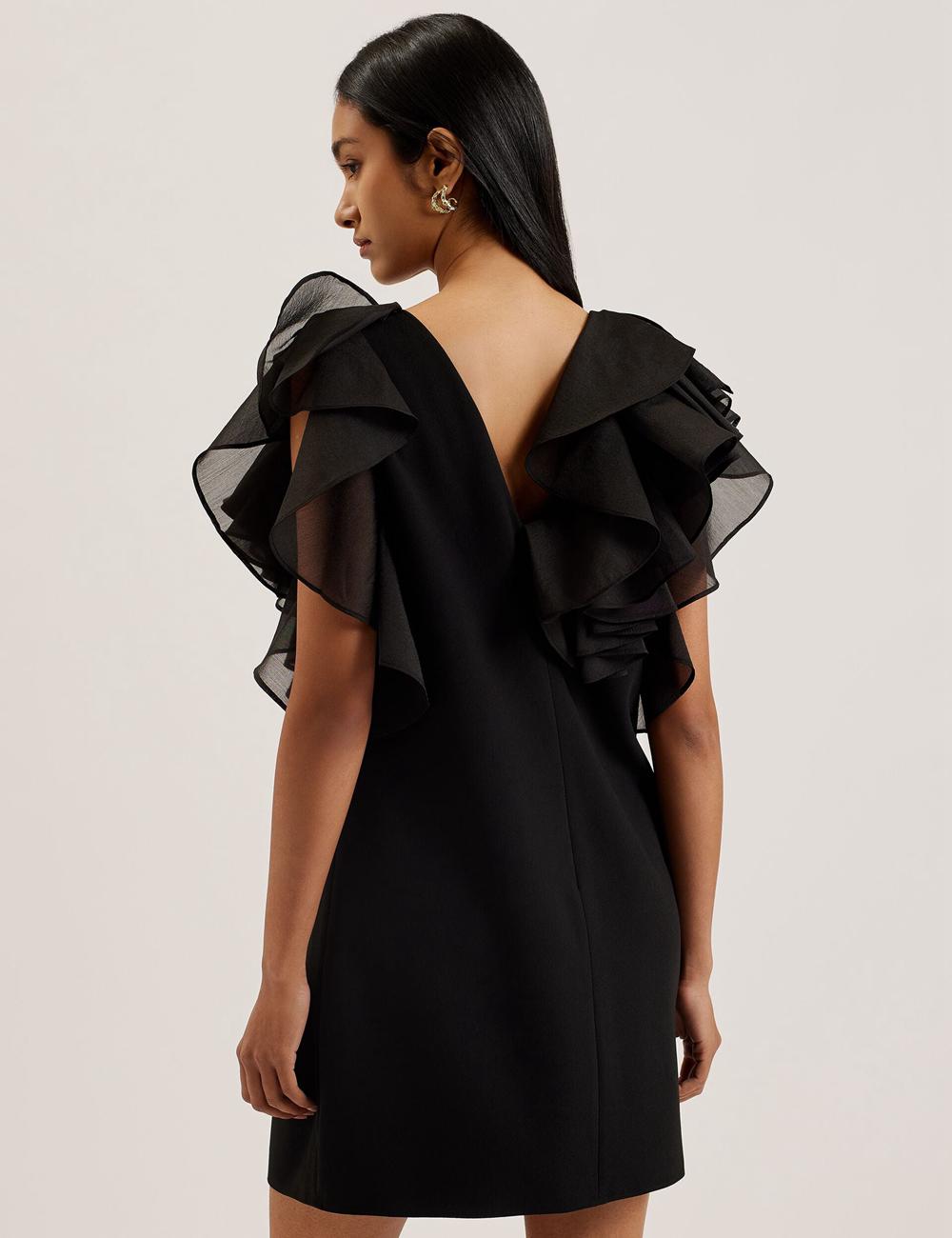 Mini Vestido Ted Baker ELQUI - Oversized Ruffle Trim V-Neck Mujer Negras | EMZA-37652