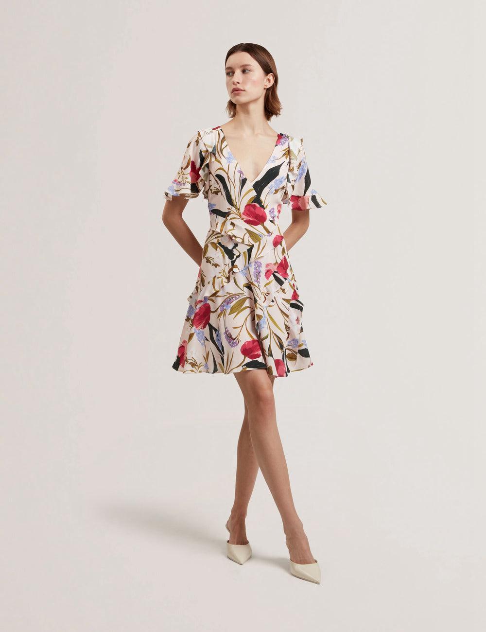 Mini Vestido Ted Baker ISSIIA - Frill Trim Floral Short Sleeve Mujer Rosas | TWXV-89715