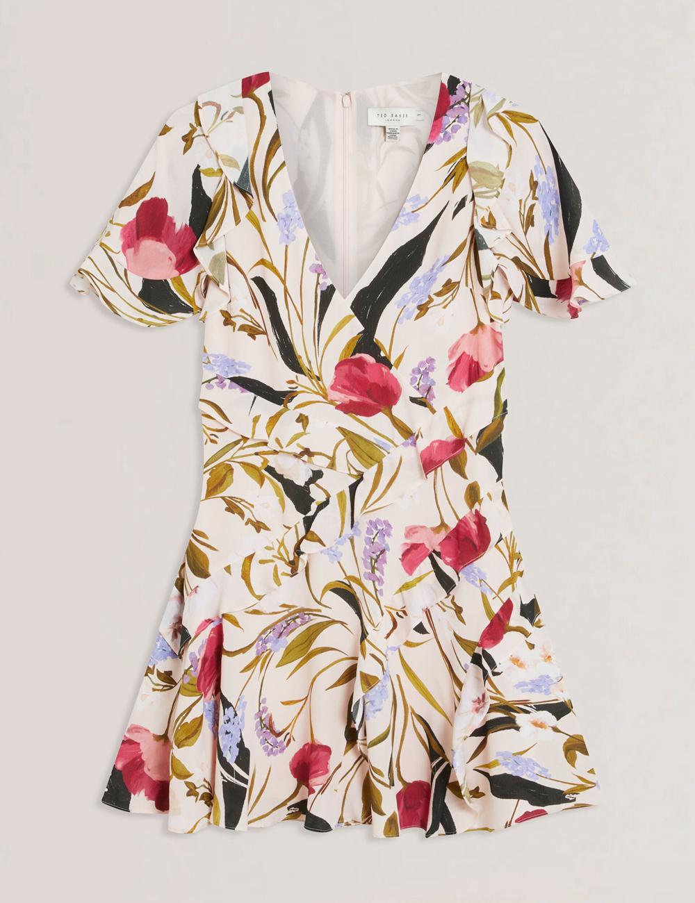 Mini Vestido Ted Baker ISSIIA - Frill Trim Floral Short Sleeve Mujer Rosas | TWXV-89715