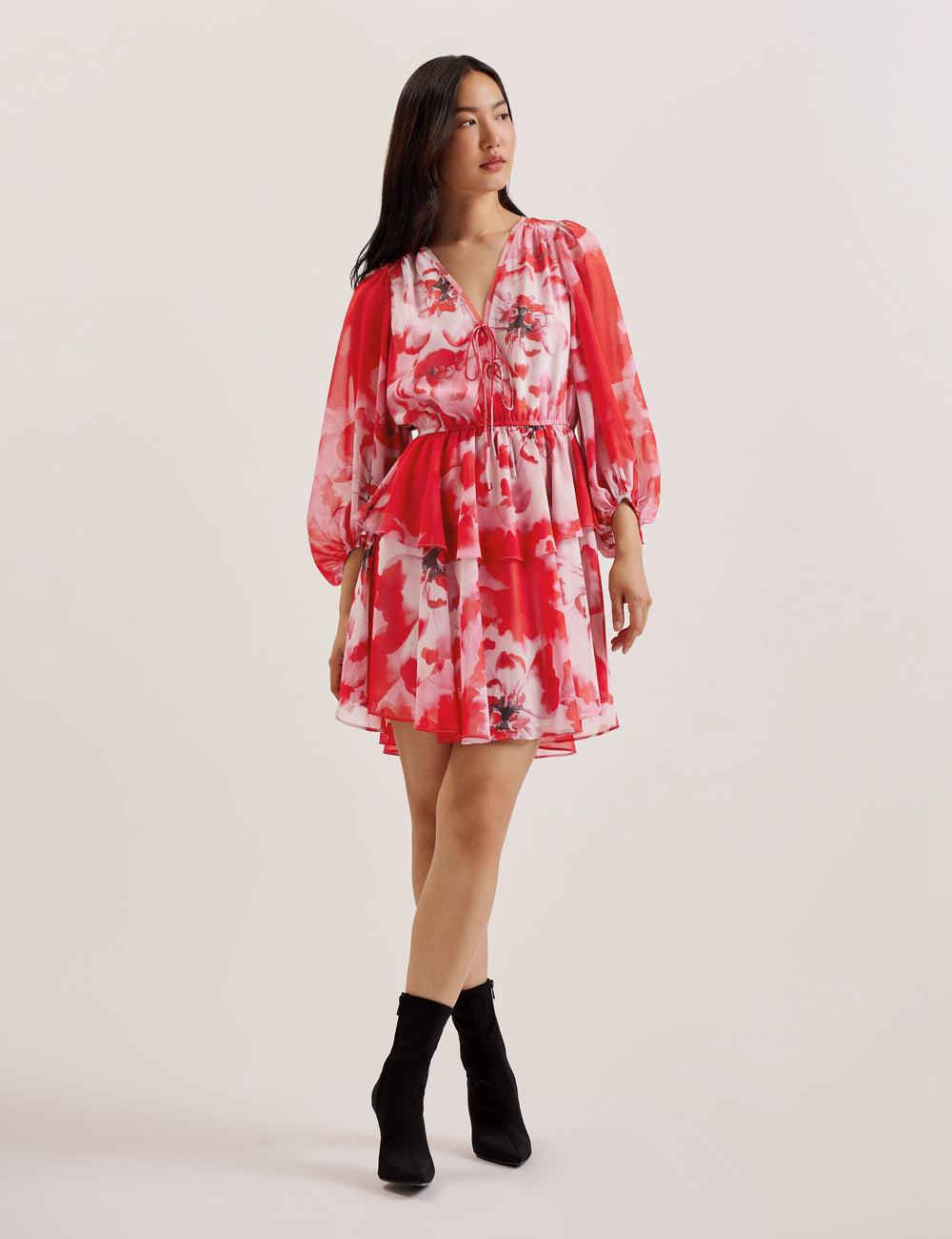 Mini Vestido Ted Baker LEYNA - Floral Chiffon Front Mujer Rojas | MKHO-14823